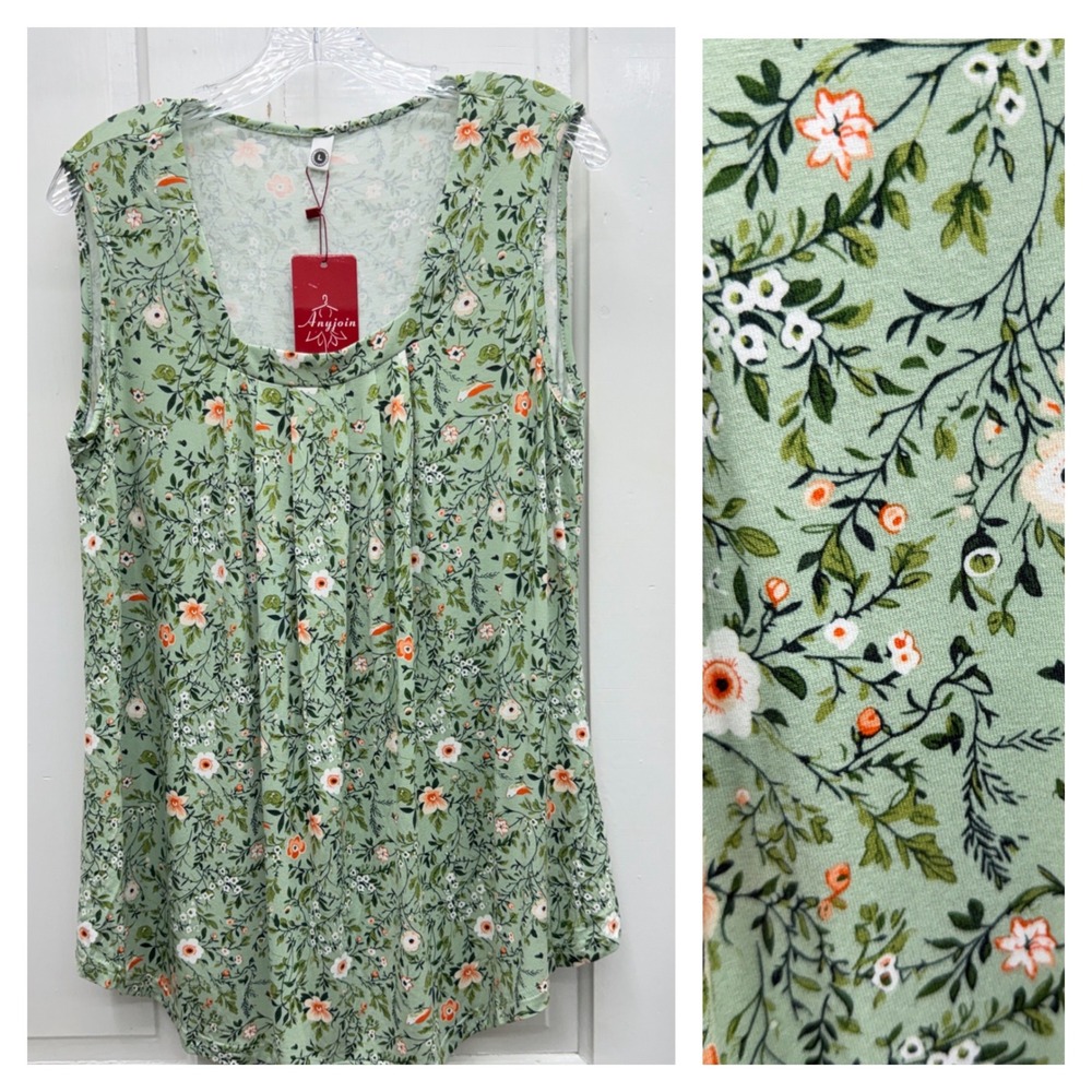 Anyjoin Floral Pleated Sleeveless Tank Top Women Large Green NEW